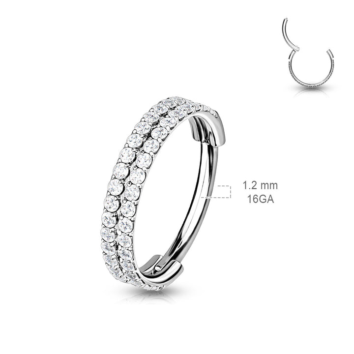 316L Surgical Steel Rose Gold PVD Double Row White CZ Pave Hinged Clicker Hoop - Pierced Universe