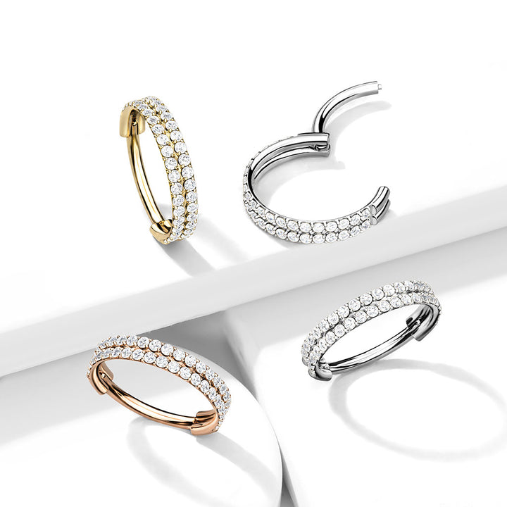 316L Surgical Steel Rose Gold PVD Double Row White CZ Pave Hinged Clicker Hoop - Pierced Universe