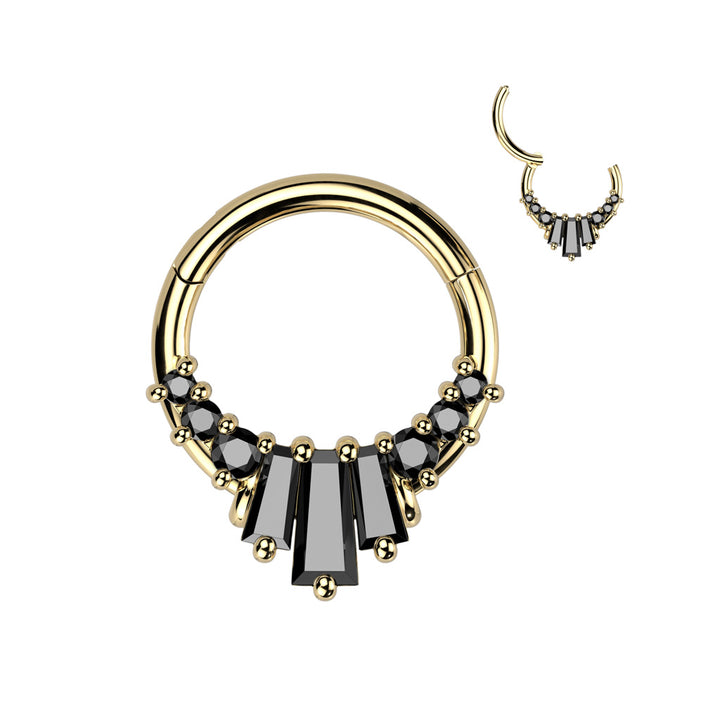 316L Surgical Steel Gold PVD Black CZ Baguette Cluster Hinged Clicker Hoop - Pierced Universe