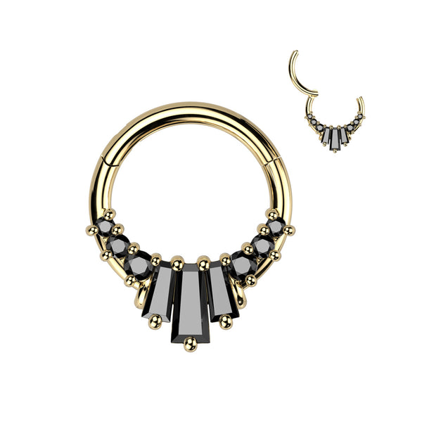 316L Surgical Steel Gold PVD Black CZ Baguette Cluster Hinged Clicker Hoop - Pierced Universe
