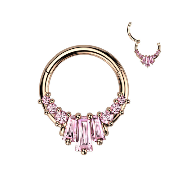 316L Surgical Steel Rose Gold PVD Pink CZ Baguette Cluster Hinged Clicker Hoop - Pierced Universe