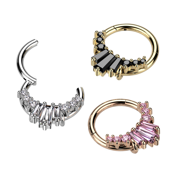 316L Surgical Steel Rose Gold PVD Pink CZ Baguette Cluster Hinged Clicker Hoop - Pierced Universe
