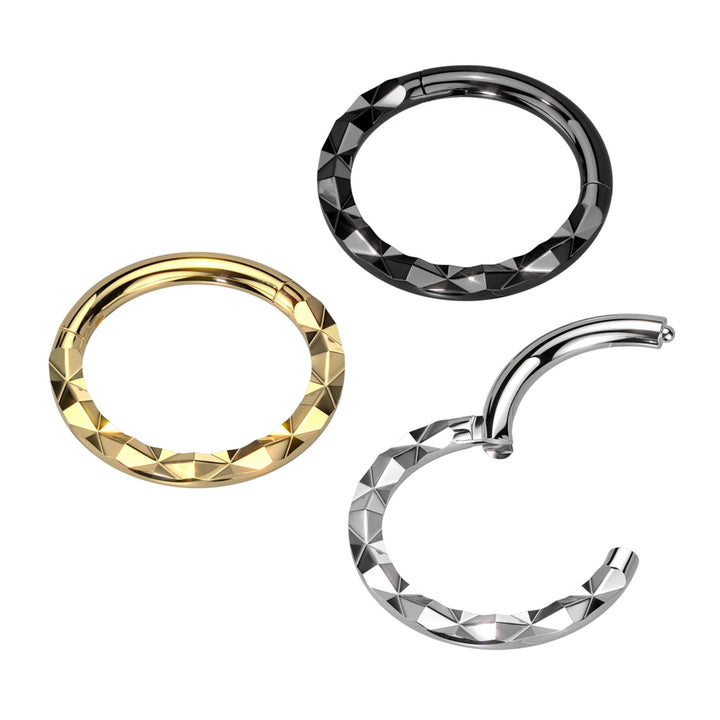 316L Surgical Steel Black PVD Textured Pattern Septum Daith Hinged Clicker Hoop - Pierced Universe