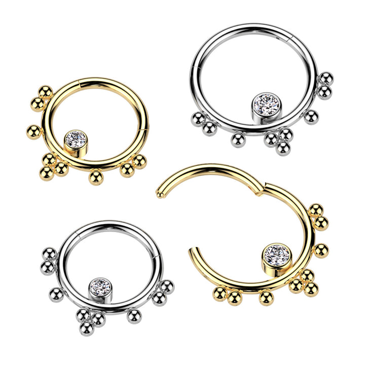 316L Surgical Steel White CZ Beaded Tribal Hinged Clicker Hoop - Pierced Universe