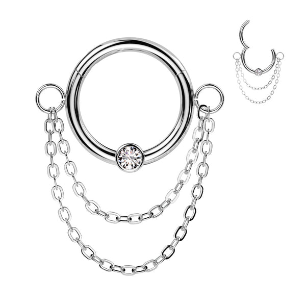 316L Surgical Steel White CZ Double Chain Hinged Clicker Hoop - Pierced Universe