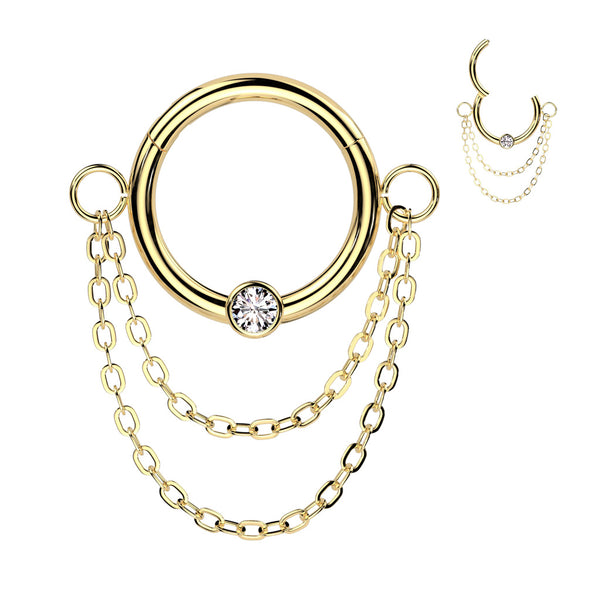 316L Surgical Steel Gold PVD White CZ Double Chain Hinged Clicker Hoop - Pierced Universe