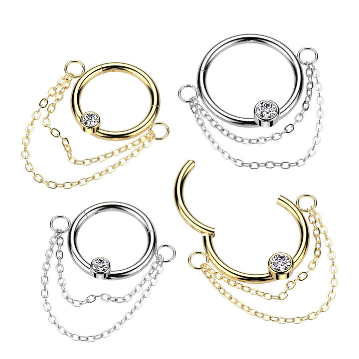 316L Surgical Steel Gold PVD White CZ Double Chain Hinged Clicker Hoop - Pierced Universe