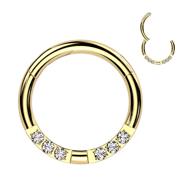 316L Surgical Steel Gold PVD White CZ 6 Gem Pave Hinged Clicker Hoop - Pierced Universe