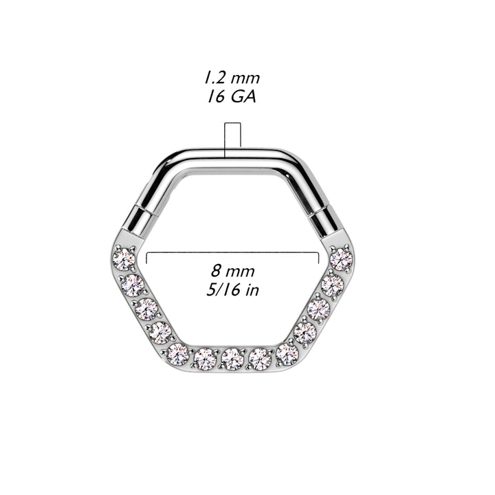 316L Surgical Steel White CZ Pave Hexagon Helix Hinged Clicker Hoop - Pierced Universe