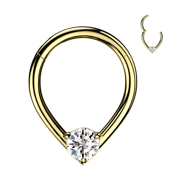 316L Surgical Steel Gold PVD V Shaped White CZ Gem Hinged Clicker Hoop - Pierced Universe