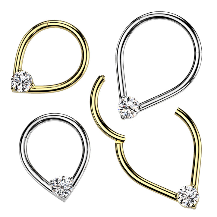316L Surgical Steel Gold PVD V Shaped White CZ Gem Hinged Clicker Hoop - Pierced Universe