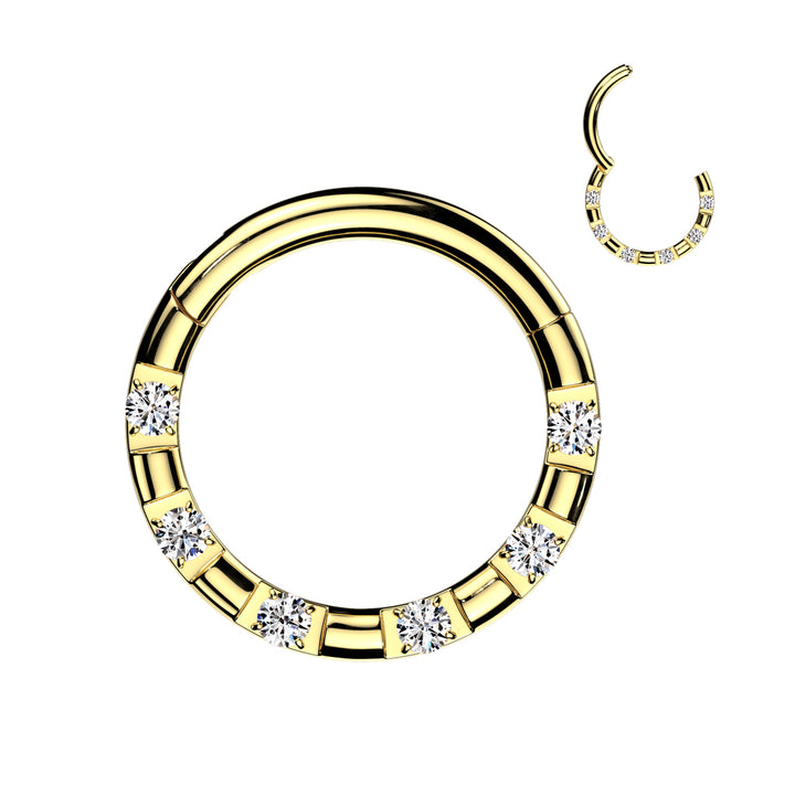 316L Surgical Steel Gold PVD 5 Gem White CZ Hinged Clicker Hoop - Pierced Universe