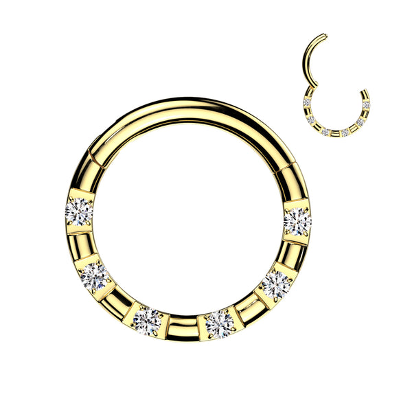 316L Surgical Steel Gold PVD 5 Gem White CZ Hinged Clicker Hoop - Pierced Universe