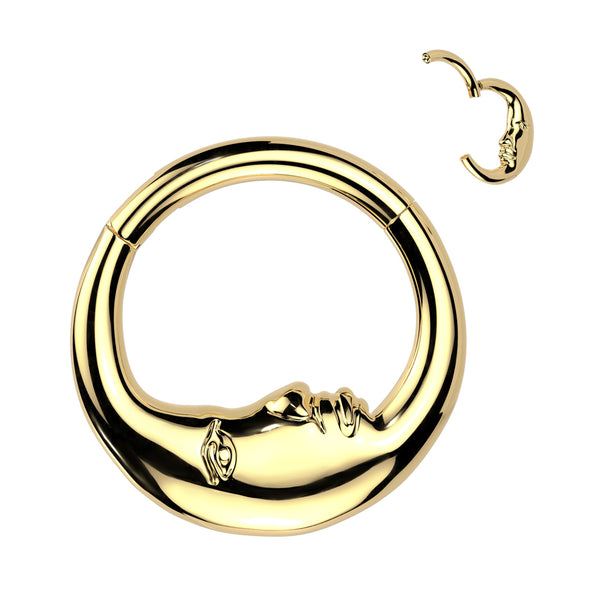 316L Surgical Steel Gold PVD Crescent Moon Face Outline Hinged Clicker Hoop - Pierced Universe