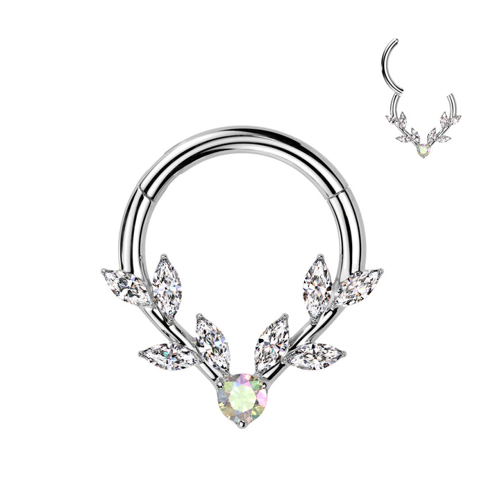 316L Surgical Steel White & Aurora Borealis CZ Vine Hinged V Shaped Clicker Hoop - Pierced Universe