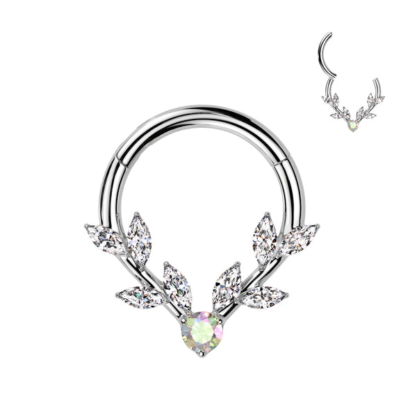 316L Surgical Steel White & Aurora Borealis CZ Vine Hinged V Shaped Clicker Hoop - Pierced Universe