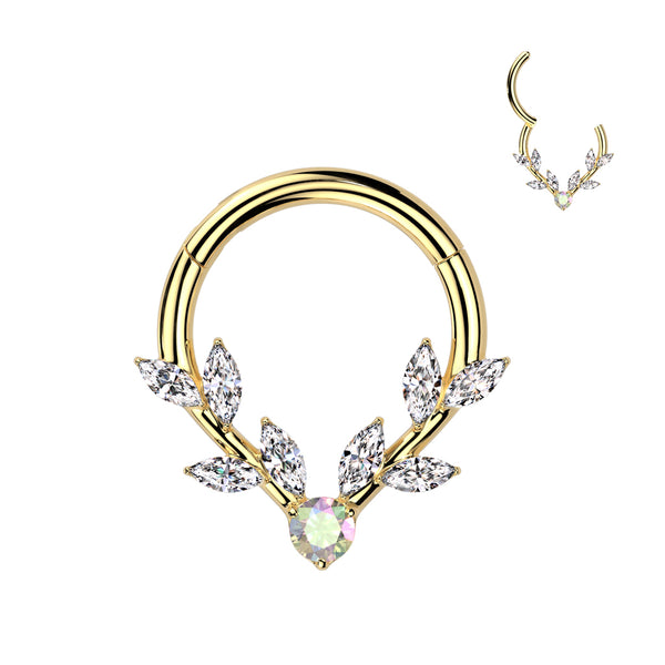 316L Surgical Steel Gold PVD White & Aurora Borealis CZ Vine Hinged V Shaped Clicker Hoop - Pierced Universe