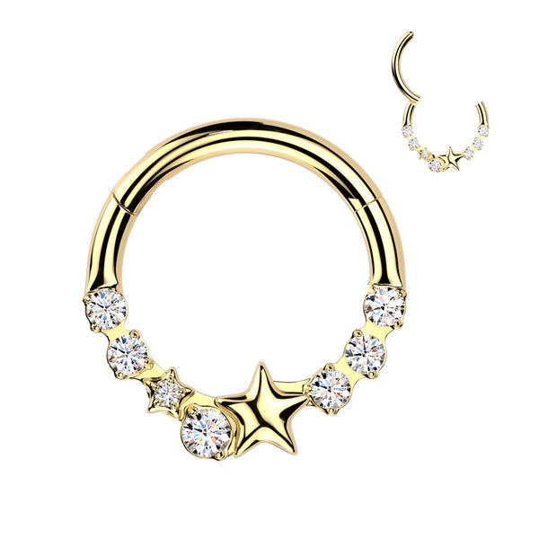 316L Surgical Steel Gold PVD White CZ Dainty Star Hinged Clicker Hoop - Pierced Universe