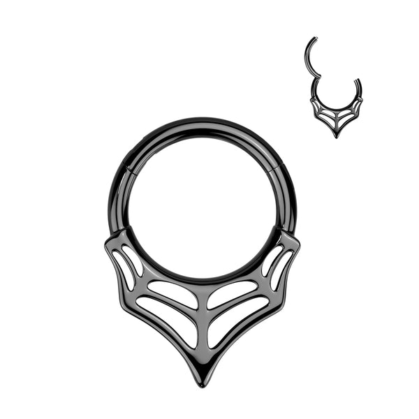 316L Surgical Steel Black PVD V Shaped Spider Web Spooky Hinged Clicker Hoop - Pierced Universe