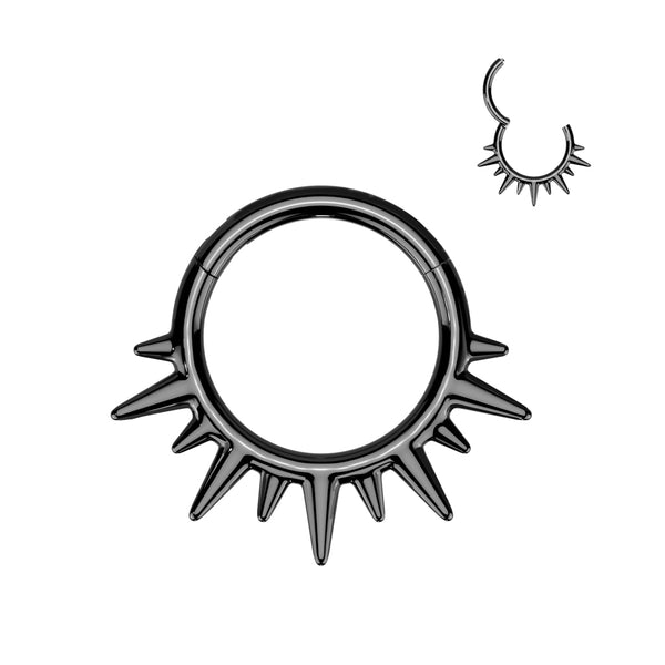 316L Surgical Steel Black PVD Dainty Wide Flare Spikes Hinged Clicker Hoop