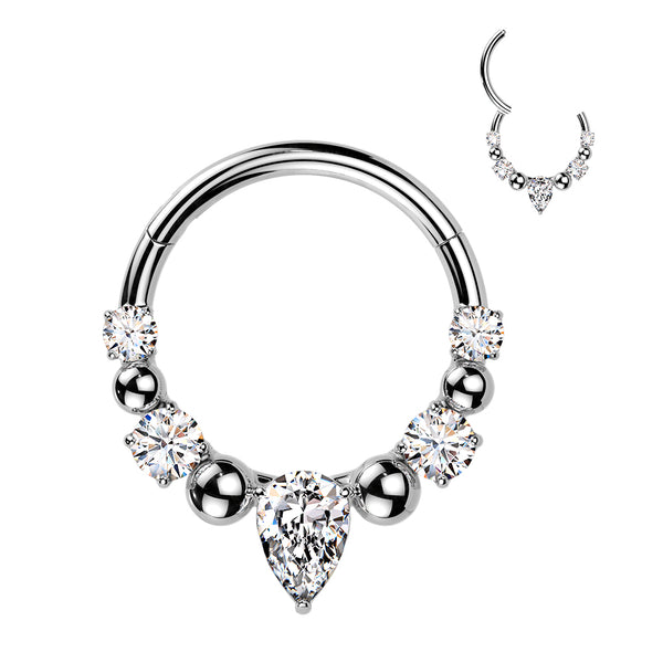 316L Surgical Steel White CZ Gem Teardrop Beaded Side Facing Hinged Clicker Hoop
