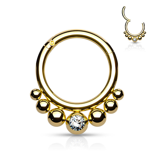 316L Surgical Steel Gold PVD 7 Bead White CZ Hinged Clicker Hoop