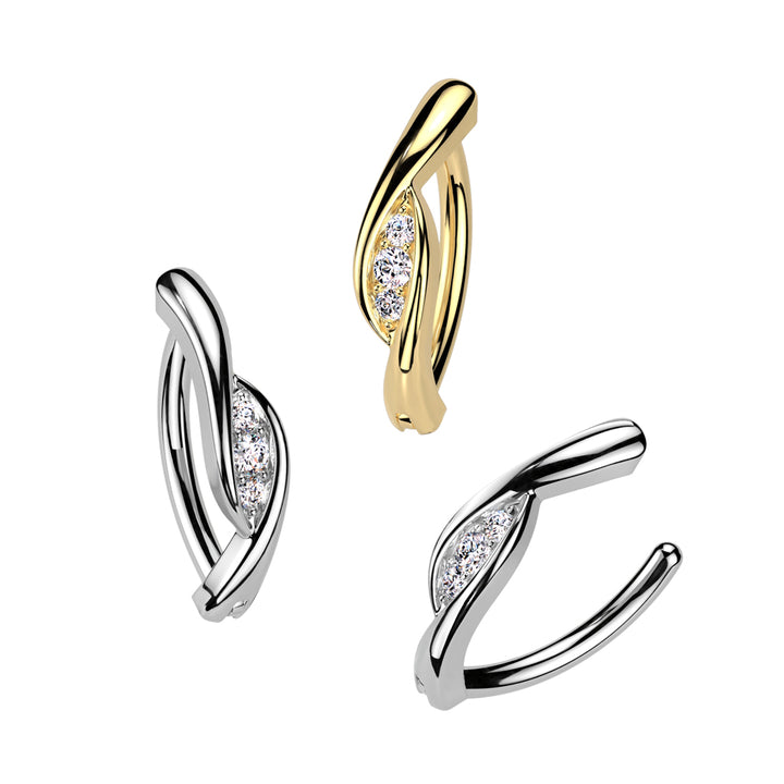 316L Surgical Steel Gold PVD White CZ Twisted Hinged Clicker Belly Ring - Pierced Universe