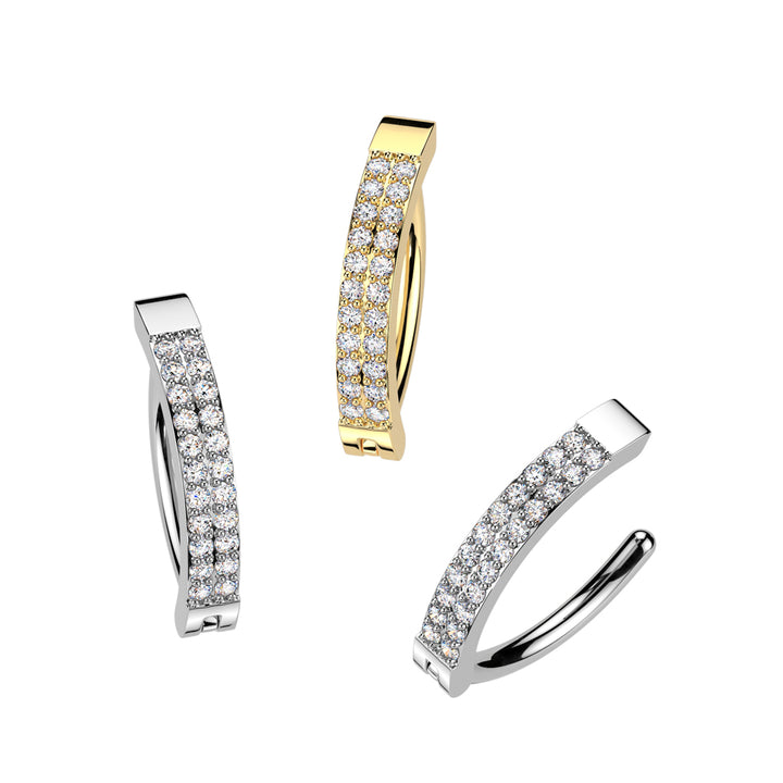316L Surgical Steel Gold PVD White CZ Double Line Hinged Clicker Belly Ring - Pierced Universe
