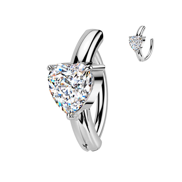 316L Surgical Steel Large White CZ Heart Hinged Clicker Belly Ring - Pierced Universe