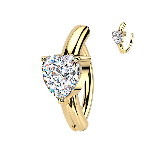 316L Surgical Steel Gold PVD Large White CZ Heart Hinged Clicker Belly Ring - Pierced Universe