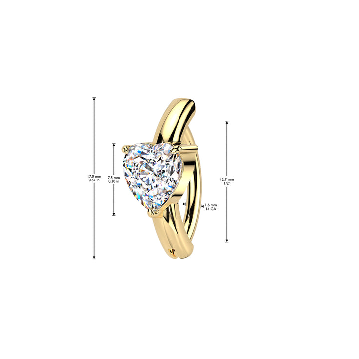 316L Surgical Steel Gold PVD Large White CZ Heart Hinged Clicker Belly Ring - Pierced Universe