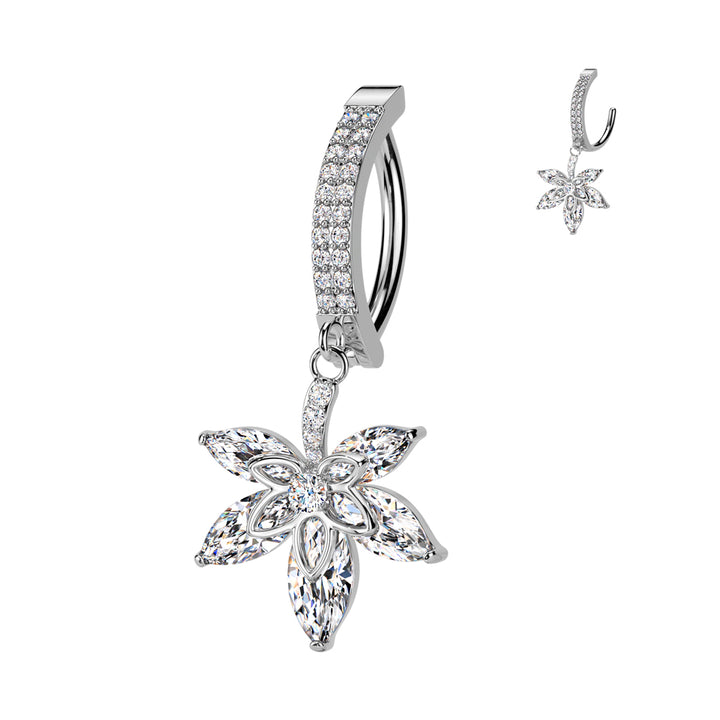 316L Surgical Steel White CZ Pave Leaf Dangle Hinged Clicker Belly Ring - Pierced Universe