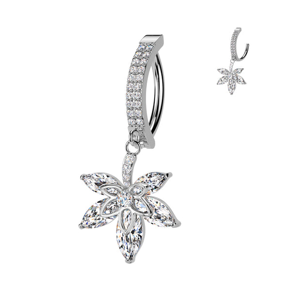 316L Surgical Steel White CZ Pave Leaf Dangle Hinged Clicker Belly Ring - Pierced Universe