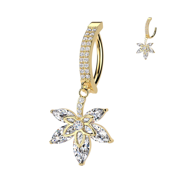 316L Surgical Steel Gold PVD White CZ Pave Leaf Dangle Hinged Clicker Belly Ring - Pierced Universe
