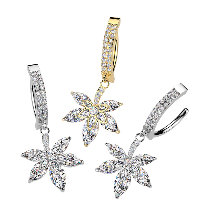 316L Surgical Steel Gold PVD White CZ Pave Leaf Dangle Hinged Clicker Belly Ring - Pierced Universe