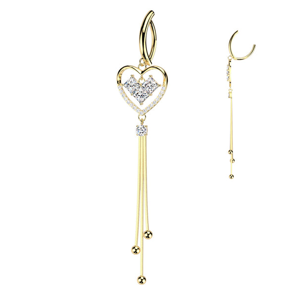 316L Surgical Steel Gold PVD White CZ Square Gem Heart Dangle Hinged Clicker Belly Ring - Pierced Universe