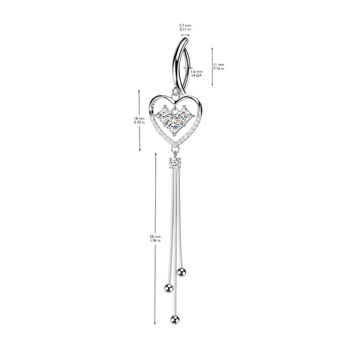 316L Surgical Steel Gold PVD White CZ Square Gem Heart Dangle Hinged Clicker Belly Ring - Pierced Universe