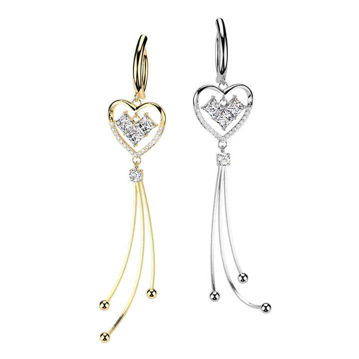 316L Surgical Steel Gold PVD White CZ Square Gem Heart Dangle Hinged Clicker Belly Ring - Pierced Universe