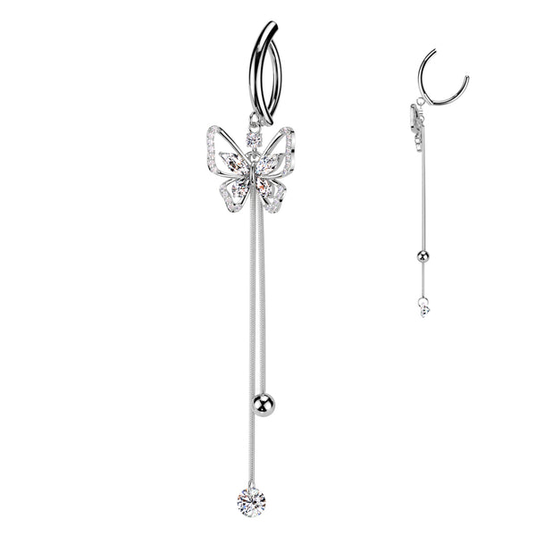 316L Surgical Steel White CZ Butterfly Dangle Hinged Clicker Belly Ring - Pierced Universe