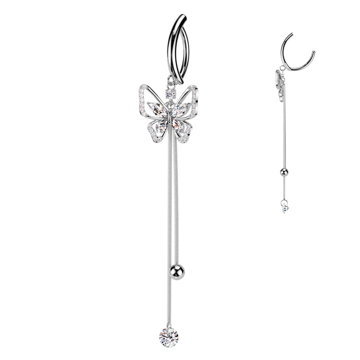 316L Surgical Steel White CZ Butterfly Dangle Hinged Clicker Belly Ring - Pierced Universe