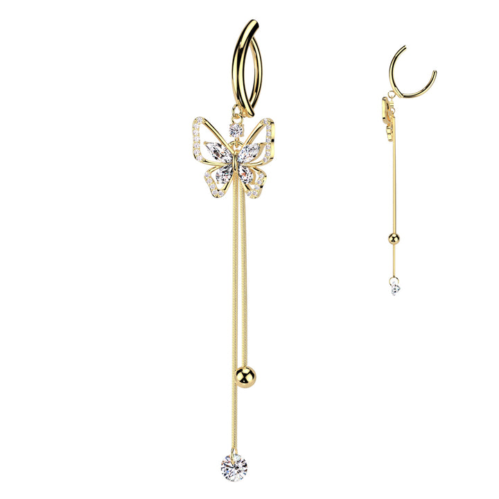 316L Surgical Steel Gold PVD White CZ Butterfly Dangle Hinged Clicker Belly Ring - Pierced Universe