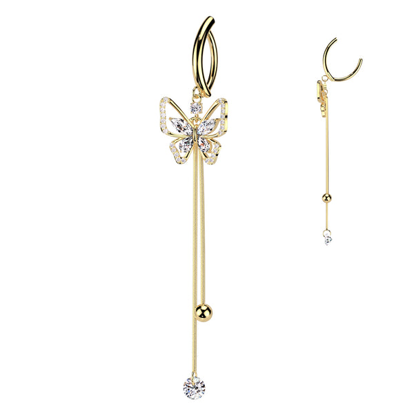 316L Surgical Steel Gold PVD White CZ Butterfly Dangle Hinged Clicker Belly Ring - Pierced Universe