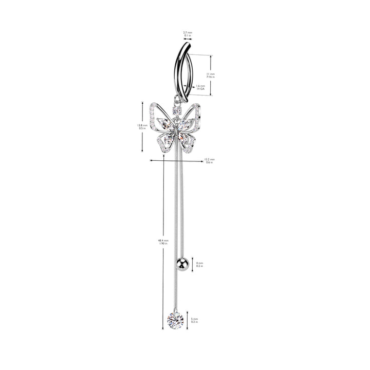 316L Surgical Steel Gold PVD White CZ Butterfly Dangle Hinged Clicker Belly Ring - Pierced Universe
