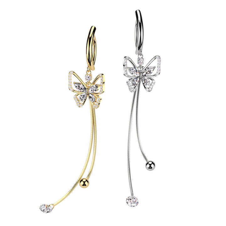 316L Surgical Steel Gold PVD White CZ Butterfly Dangle Hinged Clicker Belly Ring - Pierced Universe