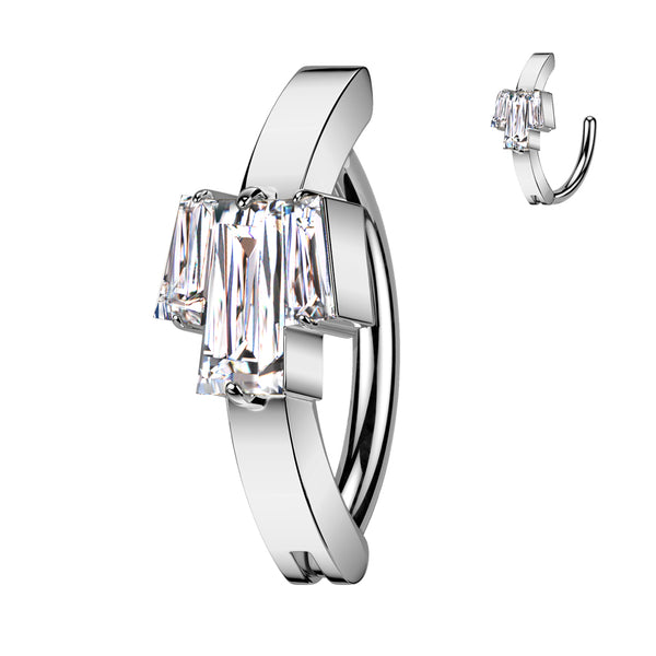 316L Surgical Steel White CZ Baguette Gem Cluster Hinged Clicker Belly Ring - Pierced Universe