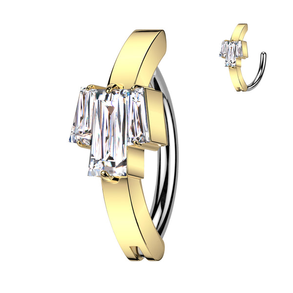 316L Surgical Steel Gold PVD White CZ Baguette Gem Cluster Hinged Clicker Belly Ring - Pierced Universe