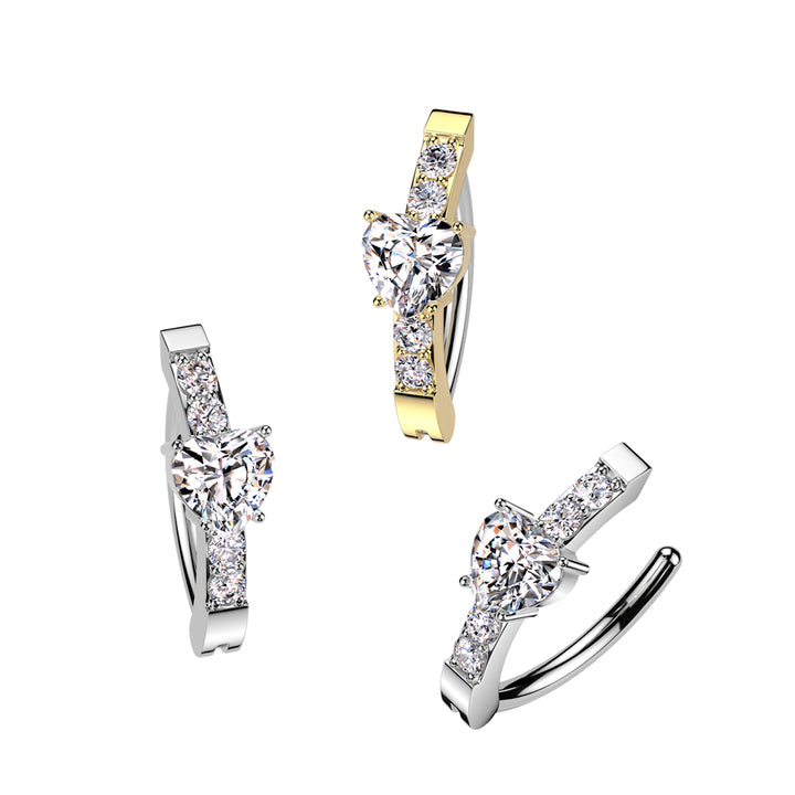 316L Surgical Steel Gold PVD White CZ Heart Studded Hinged Clicker Belly Ring - Pierced Universe