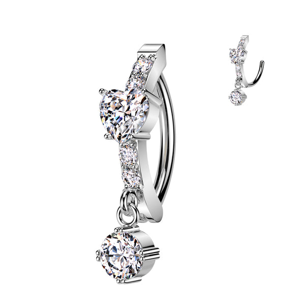 316L Surgical Steel White CZ Heart Circle Dangle Hinged Clicker Belly Ring - Pierced Universe