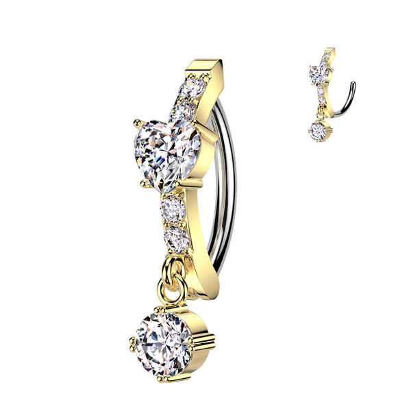 316L Surgical Steel Gold PVD White CZ Heart Circle Dangle Hinged Clicker Belly Ring - Pierced Universe