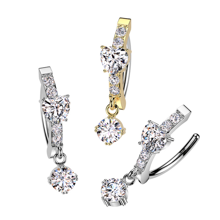 316L Surgical Steel Gold PVD White CZ Heart Circle Dangle Hinged Clicker Belly Ring - Pierced Universe